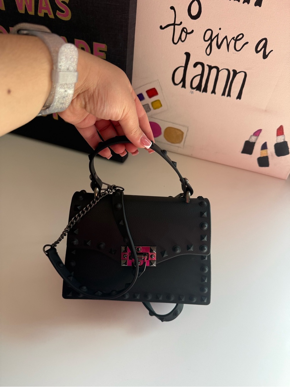Black Studded Leather Top-Handle Crossbody Bag